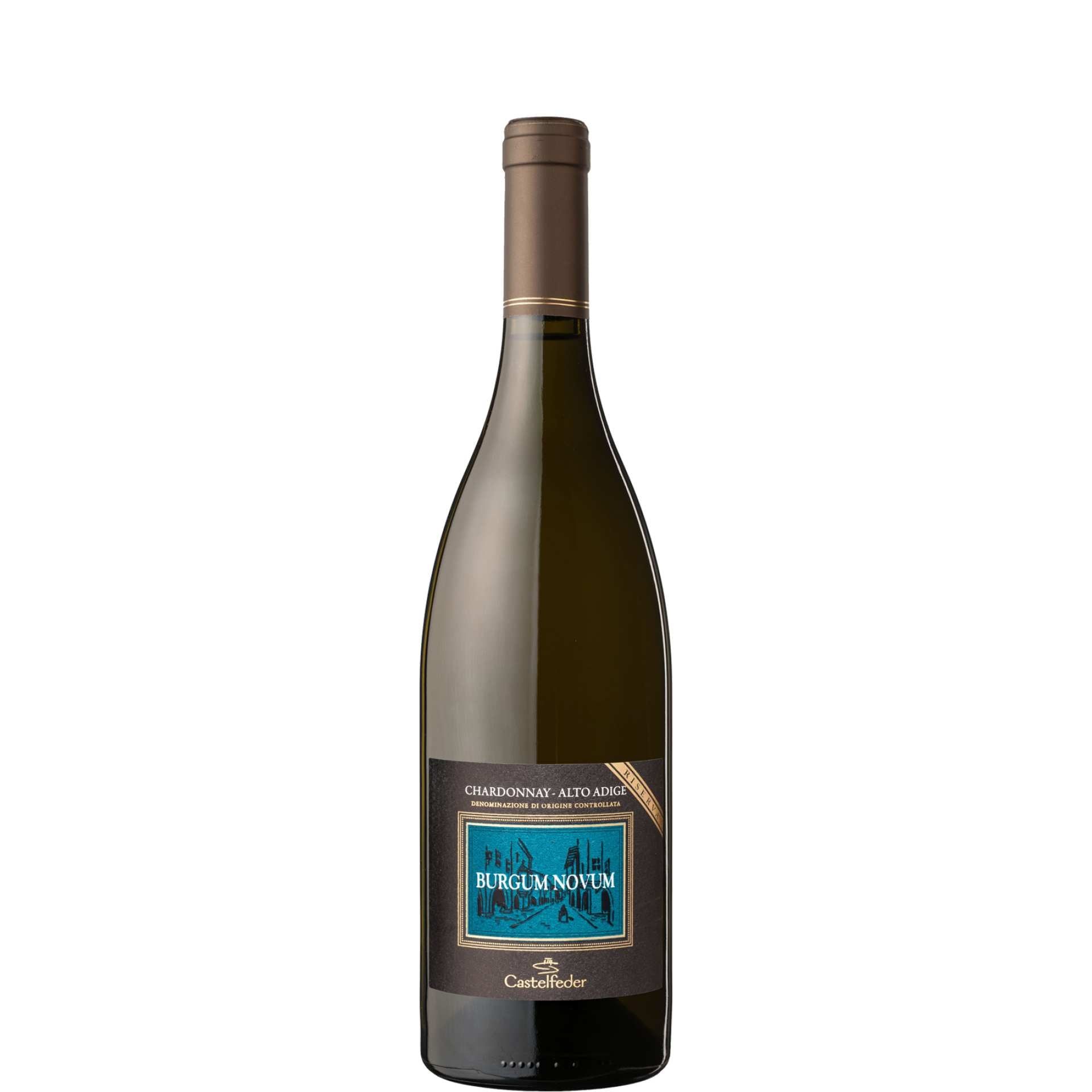 Chardonnay Burgum Novum Castelfeder - riserva. Foto bottiglia su sfondo bianco